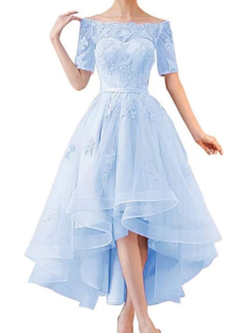 women's high low prom evening dresses formal wedding party gowns sleeves appliqu